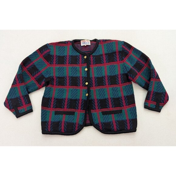 Tally Ho Vintage Women's Cardigan Sweater Size Large Green Plaid - Picture 2 of 14